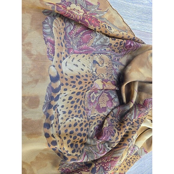 Salvatore Ferragamo Silk Scar Leopard Floral Brown Rectangle Scarf Rolled Hem - Picture 2 of 13